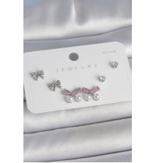 Pirinç Gümüş Renk Pembe Zirkon Taşlı Kurdele Model İnci Detay 925 Ayar Gümüş Çivi Kadın Küpe Seti - TJ-BKP10485