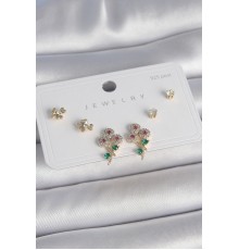 Pirinç Gold Renk Renkli Zirkon Taşlı Çiçek Model Yaprak Detay 925 Ayar Gümüş Çivi Kadın Küpe Seti - TJ-BKP10486