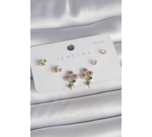 Pirinç Gold Renk Renkli Zirkon Taşlı Çiçek Model Yaprak Detay 925 Ayar Gümüş Çivi Kadın Küpe Seti - TJ-BKP10486