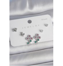 Pirinç Gümüş Renk Renkli Zirkon Taşlı Çiçek Model Yaprak Detay 925 Ayar Gümüş Çivi Kadın Küpe Seti - TJ-BKP10487