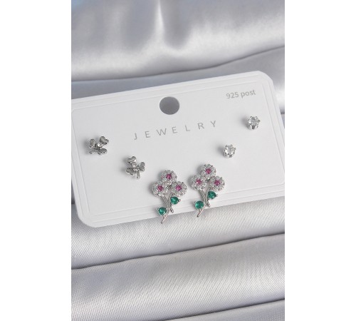 Pirinç Gümüş Renk Renkli Zirkon Taşlı Çiçek Model Yaprak Detay 925 Ayar Gümüş Çivi Kadın Küpe Seti - TJ-BKP10487