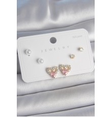 Pirinç Gold Renk Pembe Zirkon Taşlı Kalp Model İnci Detay 925 Ayar Kadın Küpe Seti - TJ-BKP10488