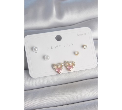 Pirinç Gold Renk Pembe Zirkon Taşlı Kalp Model İnci Detay 925 Ayar Kadın Küpe Seti - TJ-BKP10488