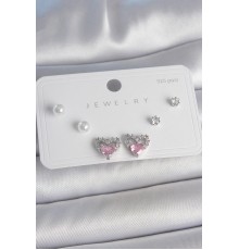 Pirinç Gümüş Renk Pembe Zirkon Taşlı Kalp Model İnci Detay 925 Ayar Gümüş Çivi Kadın Küpe Seti - TJ-BKP10489