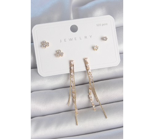 Pirinç Gold Renk Su Yolu Zirkon Taşlı Sallantı Model Çiçek Detay 925 Ayar Gümüş Çivi Kadın Küpe Seti - TJ-BKP10490