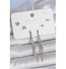 Pirinç Gümüş Renk Su Yolu Zirkon Taşlı Sallantı Model Çiçek Detay 925 Ayar Gümüş Çivi Kadın Küpe Seti - TJ-BKP10491