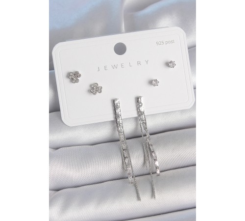 Pirinç Gümüş Renk Su Yolu Zirkon Taşlı Sallantı Model Çiçek Detay 925 Ayar Gümüş Çivi Kadın Küpe Seti - TJ-BKP10491