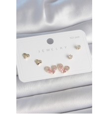 Pirinç Gold Renk Pembe Zirkon Taşlı Kalp Model 925 Ayar Gümüş Çivi Kadın Küpe Seti - TJ-BKP10492
