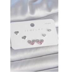 Pirinç Gümüş Renk Pembe Zirkon Taşlı Kalp Model 925 Ayar Gümüş Çivi Kadın Küpe Seti - TJ-BKP10493