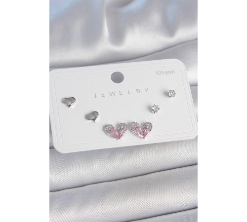 Pirinç Gümüş Renk Pembe Zirkon Taşlı Kalp Model 925 Ayar Gümüş Çivi Kadın Küpe Seti - TJ-BKP10493