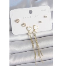 Pirinç Gold Renk Beyaz Mineli Sallantı Mineli Kalp Model Zirkon Taş Detaylı 925 Ayar Gümüş Çivi Kadın Küpe Seti - TJ-BKP10494