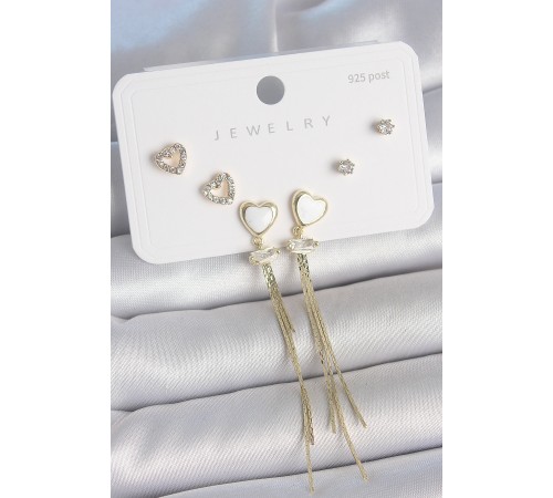 Pirinç Gold Renk Beyaz Mineli Sallantı Mineli Kalp Model Zirkon Taş Detaylı 925 Ayar Gümüş Çivi Kadın Küpe Seti - TJ-BKP10494