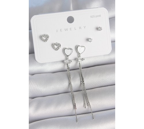 Pirinç Gümüş Sallantı Beyaz Mineli Kalp Model Zirkon Taşlı Kalp Detay 925 Ayar Gümüş Çivi Kadın Küpe Seti - TJ-BKP10495