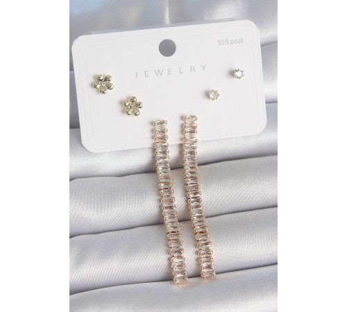 Pirinç Gold Renk Su Yolu Zirkon Taşlı Sallantı Model Çiçek Detay 925 Ayar Gümüş Çivi Kadın Küpe Seti - TJ-BKP10496