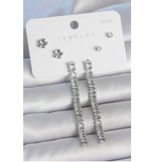 Pirinç Gümüş Renk Zirkon Taşlı Su Yolu Model Çiçek Detay 925 Ayar Gümüş Çivi Kadın Küpe Seti - TJ-BKP10497