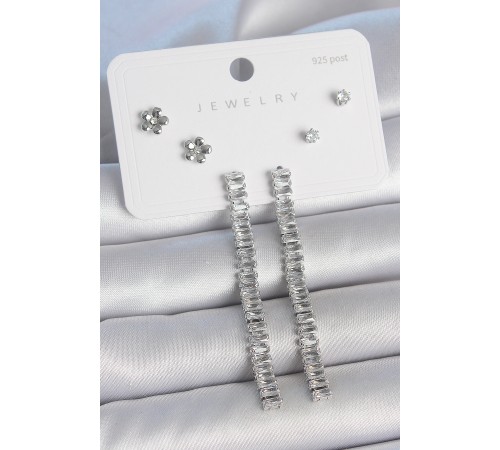 Pirinç Gümüş Renk Zirkon Taşlı Su Yolu Model Çiçek Detay 925 Ayar Gümüş Çivi Kadın Küpe Seti - TJ-BKP10497