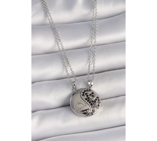 316L Çelik Gümüş Renk Zincir Zirkon Taşlı Ying Yang Model Gün Batımı İşlemeli Arakdaşlık Kadın Kolye - TJ-BKO10028