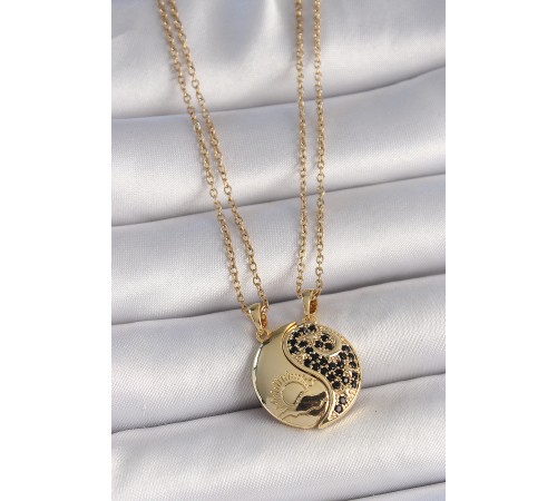 316L Çelik Gold Renk Zincir Zirkon Taşlı Ying Yang Model Gün Batımı İşlemeli Arkadaşlık Kadın Kolye - TJ-BKO10029