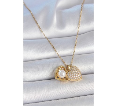 316L Çelik Gold Renk Zincir Zirkon Taşlı Açılır İncili Kalp Model Kadın Kolye - TJ-BKO10031