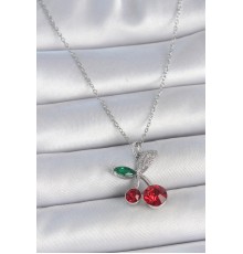 316L Çelik Gümüş Renk Zincir Kırmızı Zirkon Taşlı Kiraz Model Kadın Kolye - TJ-BKO10032