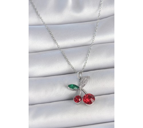 316L Çelik Gümüş Renk Zincir Kırmızı Zirkon Taşlı Kiraz Model Kadın Kolye - TJ-BKO10032