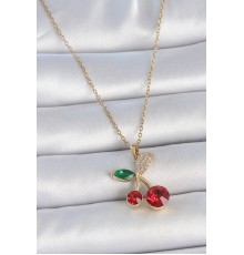 316L Çelik Gold Renk Kırmızı Zirkon Taşlı Kiraz Model Kadın Kolye - TJ-BKO10033