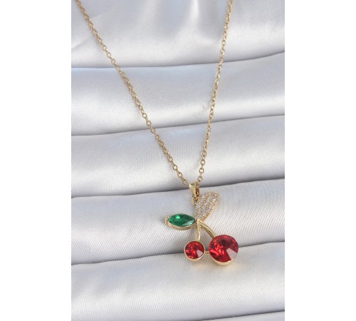 316L Çelik Gold Renk Kırmızı Zirkon Taşlı Kiraz Model Kadın Kolye - TJ-BKO10033