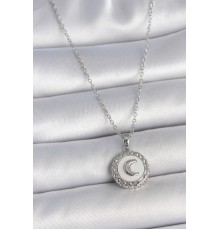 316L Çelik Gümüş Renk Zincir Beyaz Mineli Hilal İşlemeli Madalyon Model Kadın Kolye - TJ-BKO10034