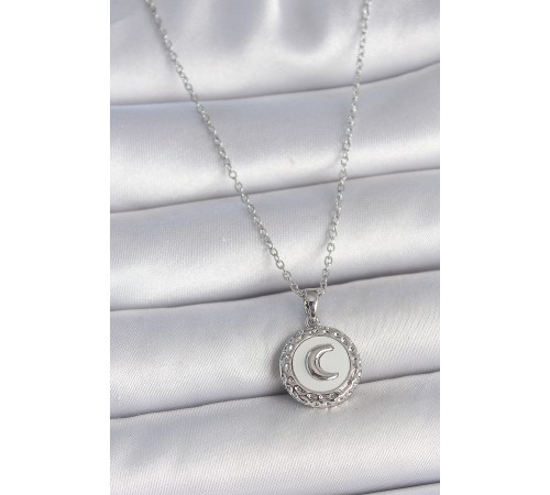 316L Çelik Gümüş Renk Zincir Beyaz Mineli Hilal İşlemeli Madalyon Model Kadın Kolye - TJ-BKO10034