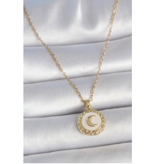 316L Çelik Gold Renk Zincir Beyaz Mineli Hilal İşlemeli Madalyon Model Kadın Kolye - TJ-BKO10035