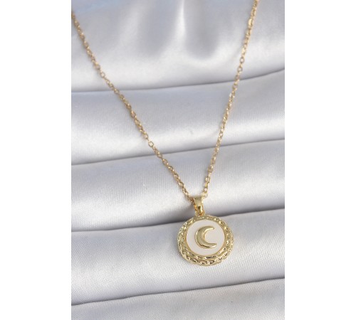 316L Çelik Gold Renk Zincir Beyaz Mineli Hilal İşlemeli Madalyon Model Kadın Kolye - TJ-BKO10035