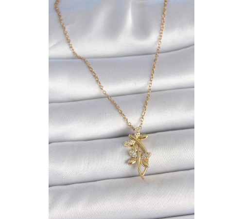 316L Çelik Gold Renk Zincir Zirkon Taşlı Yusufçuk Model Kadın Kolye - TJ-BKO10037