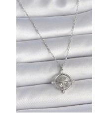 316L Çelik Gümüş Renk Zincir Zirkon Taşlı Pusula Model Kadın Kolye - TJ-BKO10038