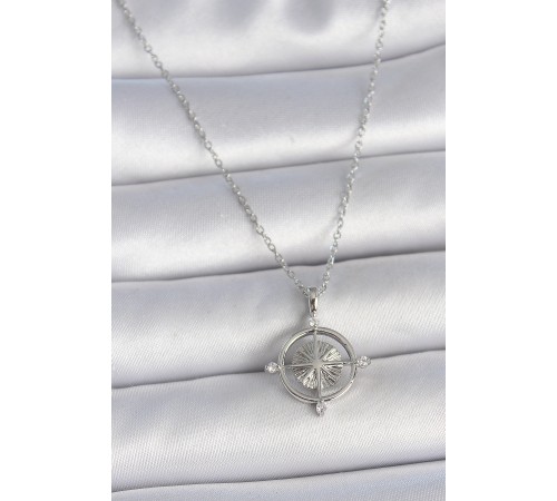 316L Çelik Gümüş Renk Zincir Zirkon Taşlı Pusula Model Kadın Kolye - TJ-BKO10038