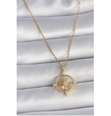 316L Çelik Gold Renk Zincir Zirkon Taşlı Pusula Model Kadın Kolye - TJ-BKO10039
