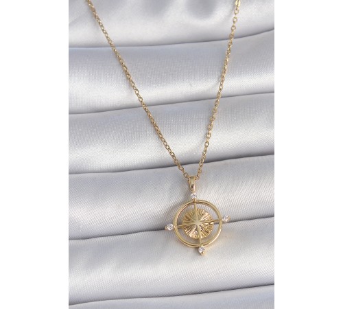 316L Çelik Gold Renk Zincir Zirkon Taşlı Pusula Model Kadın Kolye - TJ-BKO10039