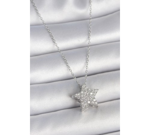 316L Çelik Gümüş Renk Zincir Zirkon Taşlı Yıldız Model Kadın Kolye - TJ-BKO10040