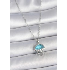 316L Çelik Gümüş Renk Zincir Mavi Taşlı Deniz Anası Model İnci Detay Kadın Kolye - TJ-BKO10042