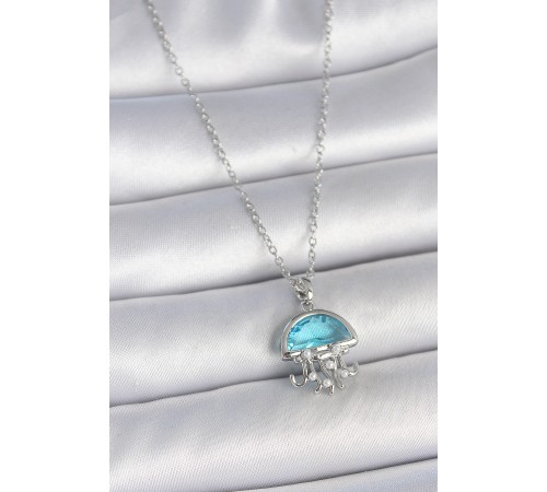 316L Çelik Gümüş Renk Zincir Mavi Taşlı Deniz Anası Model İnci Detay Kadın Kolye - TJ-BKO10042