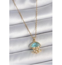 316L Çelik Gold Renk Mavi Taşlı Deniz Anası Model İnci Detay Kadın Kolye - TJ-BKO10043