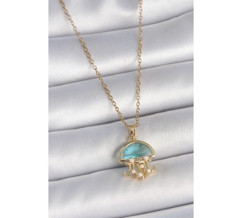 316L Çelik Gold Renk Mavi Taşlı Deniz Anası Model İnci Detay Kadın Kolye - TJ-BKO10043