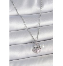 316L Çelik Gümüş Renk Zincir Zirkon Taşlı Deniz Kabuğu Model İnci Detay Kadın Kolye - TJ-BKO10044