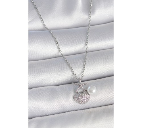 316L Çelik Gümüş Renk Zincir Zirkon Taşlı Deniz Kabuğu Model İnci Detay Kadın Kolye - TJ-BKO10044