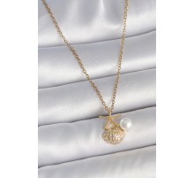 316L Çelik Gold Renk Zincir Zirkon Taşlı Deniz Kabuğu Model İnci Detay Kadın Kolye - TJ-BKO10045