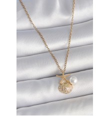 316L Çelik Gold Renk Zincir Zirkon Taşlı Deniz Kabuğu Model İnci Detay Kadın Kolye - TJ-BKO10045