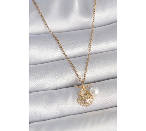 316L Çelik Gold Renk Zincir Zirkon Taşlı Deniz Kabuğu Model İnci Detay Kadın Kolye - TJ-BKO10045