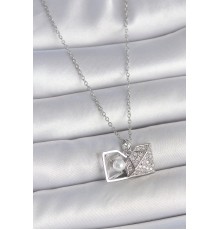 316L Çelik Gümüş Renk Zincir Zirkon Taşlı İncili Açılır Elmas Model Kadın Kolye - TJ-BKO10048