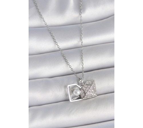 316L Çelik Gümüş Renk Zincir Zirkon Taşlı İncili Açılır Elmas Model Kadın Kolye - TJ-BKO10048