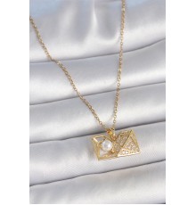 316L Çelik Gold Renk Zincir Zirkon Taşlı Açılır İncili Elmas Model Kadın Kolye - TJ-BKO10049