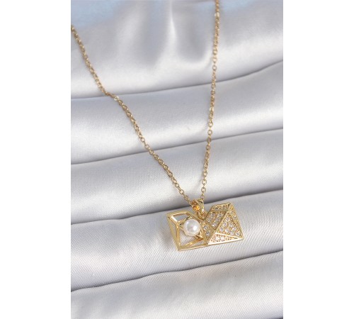 316L Çelik Gold Renk Zincir Zirkon Taşlı Açılır İncili Elmas Model Kadın Kolye - TJ-BKO10049